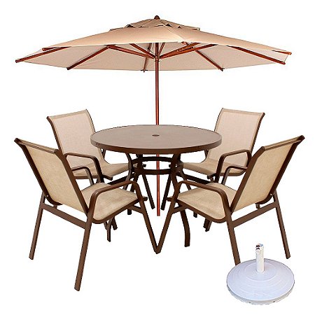 Conjunto Lótus Premium 01 Mesa Tampo Liso + 4 Cadeiras + Ombrelone e Base