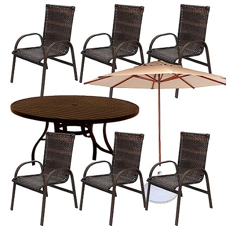 Kit Completo Aspen com Mesa sem Giro 1,40 + 06 Cadeiras em Fibra Sintética e Ombrelone
