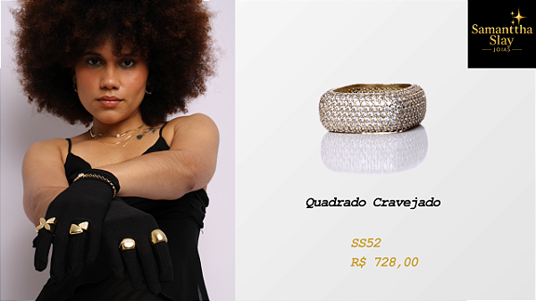 Anel Quadrado Cravejado Banhado a Ouro