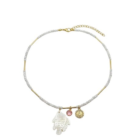 AMEI DE PAIXÃO - Colar de Pedra Natural Agata Perola Cultivada e Pingente de Peixe Madre Perola