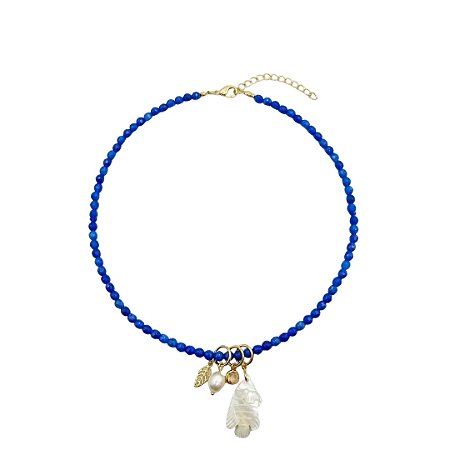 AMEI DE PAIXÃO - Colar Pedra Natural Jade e Pingente Peixe Madre Perola Azul Bic