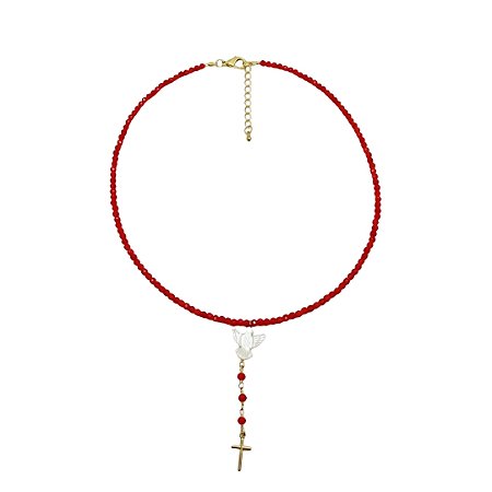 AMEI DE PAIXÃO - Colar Pedra Natural Pingente Espirito Santo Madre Perola Vermelho