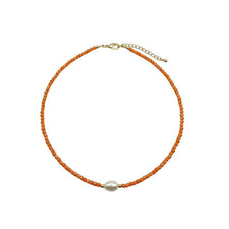 AMEI DE PAIXÃO - Colar Choker Cristal Metalizado e Perola Shell Laranja