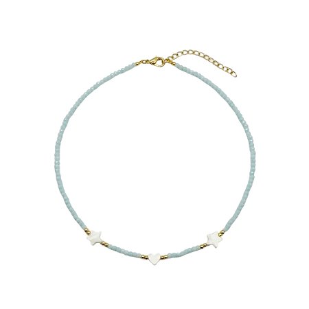 AMEI DE PAIXÃO - Colar Choker Cristal Estrela e Coração Madre Perola Céu Azul