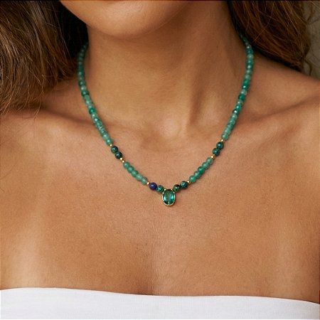 AMEI DE PAIXÃO - Colar Choker Com Pedra Natural Jade Amazônica e Crisocola Verde