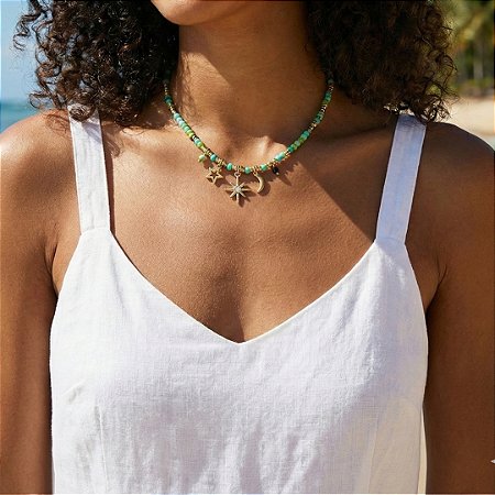 AMEI DE PAIXÃO - Colar Choker Pedra Natural Estrela Verde