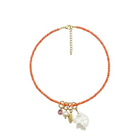 AMEI DE PAIXÃO - Colar Pedra Natural Pingente Peixe Madre Perola Laranja