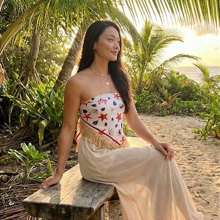 AMEI DE PAIXÃO - Lenço de Estrelas e Conchas com Franja Laranja