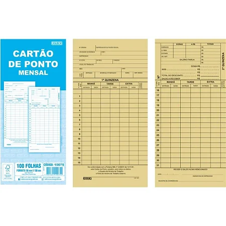 Cartão De Ponto Impresso Mensal 86x180mm