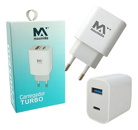 Carregador Turbo Maxmídia - 2 Entradas (USB + Tipo C) Branco