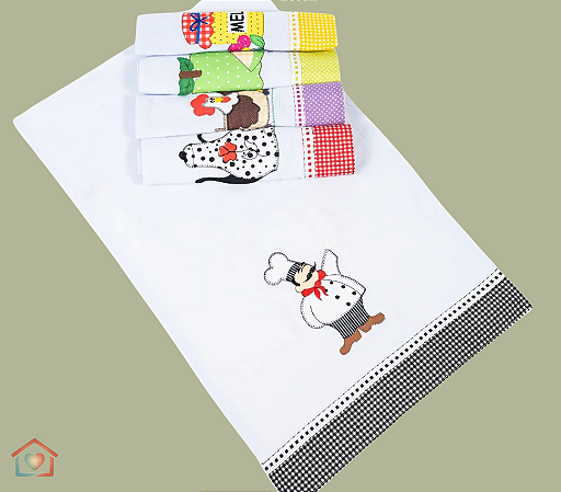 Kit 5 peças - Pano de prato - Aplicação em patchwork e barra estampada