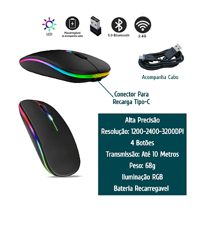 Mouse Sem Fio RGB Bluetooth 5.0 3200 DPI