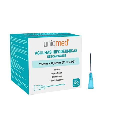 AGULHA HIPODÉRMICA DESCARTÁVEL 25MM X 0,6MM (1" x 23G) - CAIXA COM 100 UNIDADES - UNIQMED