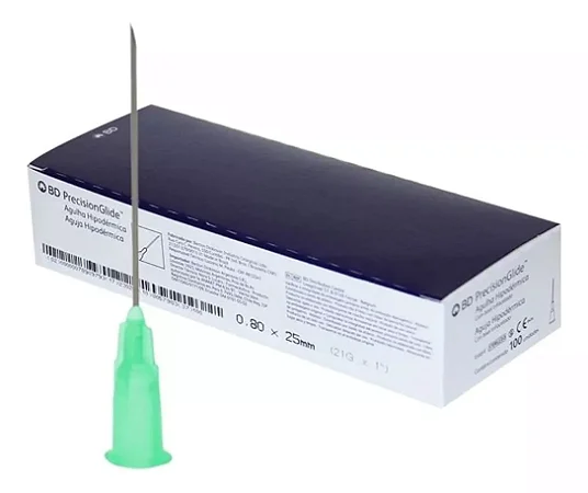 AGULHA HIPODÉRMICA DESCARTÁVEL 25MM X 0,8MM (1" x 21G) - CAIXA COM 100 UNIDADES - BD