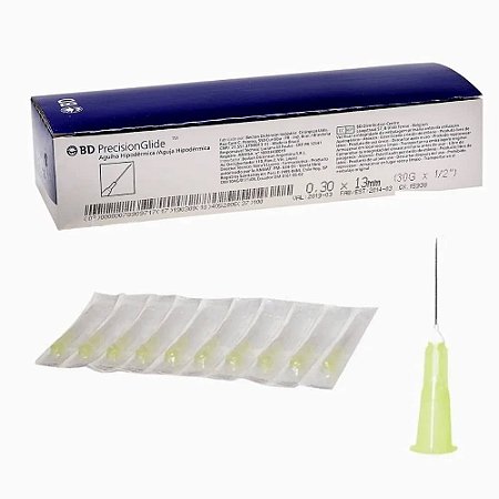 AGULHA HIPODÉRMICA DESCARTÁVEL 13MM X 0,30MM (1/2" x 30G) - CAIXA COM 100 UNIDADES - BD