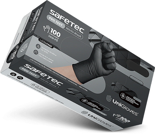 LUVA NITRÍLICA SEM PÓ PRETA PARA PROTEÇÃO QUIMÍCA SAFETEC - UNIGLOVES