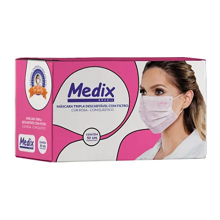 MÁSCARA TRIPLA C/ELÁSTICO ROSA - CAIXA COM 50 UNIDADES - MEDIX