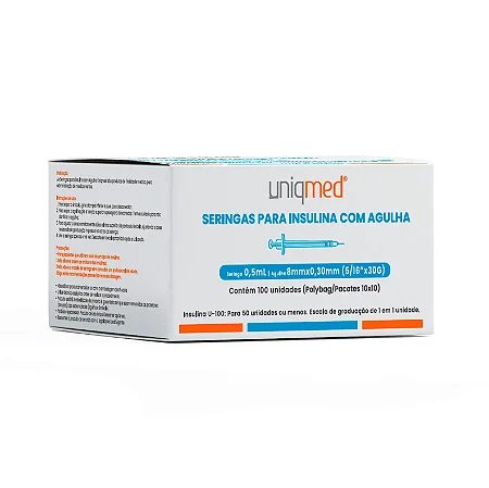 SERINGA PARA INSULINA COM AGULHA 0,5ML 8MM X 0,30MM (5/16" X 30G) - POLYBAG(PACOTE COM 10) - UNIQMED