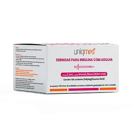 SERINGA PARA INSULINA COM AGULHA 0,3ML 6MM X 0,25MM (15/64" X 31G) - POLYBAG(PACOTE COM 10) - UNIQMED