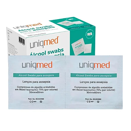 ÁLCOOL SWAB SACHÊ 70% LENÇO UMEDECIDO - CAIXA COM 100 UNIDADES - UNIQMED