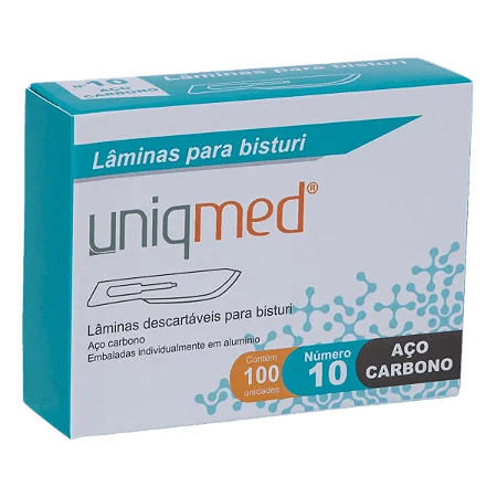 LÂMINAS DESCARTÁVEIS PARA BISTURI TAM. 10 AÇO CARBONO - CAIXA COM 100 UNIDADES - UNIQMED