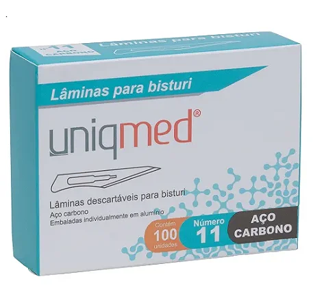 LÂMINAS DESCARTÁVEIS PARA BISTURI TAM. 11 AÇO CARBONO - CAIXA COM 100 UNIDADES - UNIQMED