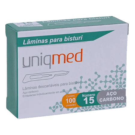 LÂMINAS DESCARTÁVEIS PARA BISTURI TAM. 15 AÇO CARBONO - CAIXA COM 100 UNIDADES - UNIQMED