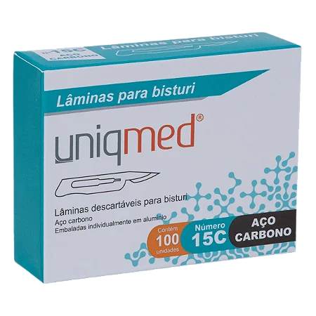 LÂMINAS DESCARTÁVEIS PARA BISTURI TAM. 15C AÇO CARBONO - CAIXA COM 100 UNIDADES - UNIQMED
