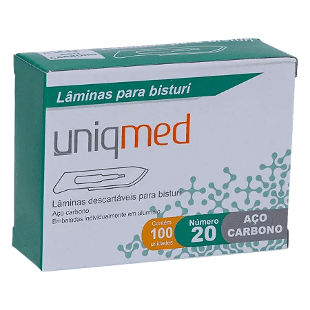 LÂMINAS DESCARTÁVEIS PARA BISTURI TAM. 20 AÇO CARBONO - CAIXA COM 100 UNIDADES - UNIQMED