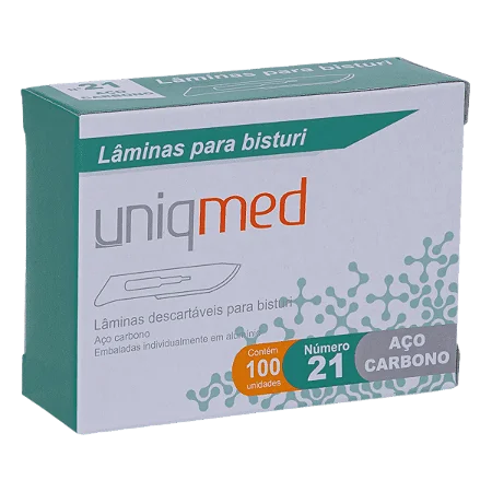 LÂMINAS DESCARTÁVEIS PARA BISTURI TAM. 21 AÇO CARBONO - CAIXA COM 100 UNIDADES - UNIQMED