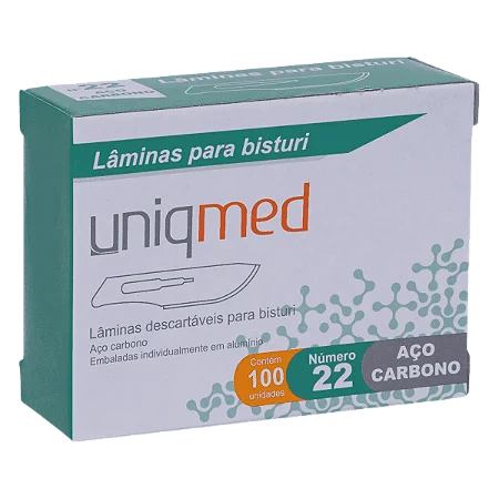 LÂMINAS DESCARTÁVEIS PARA BISTURI TAM. 22 AÇO CARBONO - CAIXA COM 100 UNIDADES - UNIQMED
