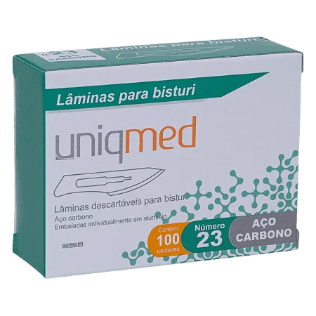 LÂMINAS DESCARTÁVEIS PARA BISTURI TAM. 23 AÇO CARBONO - CAIXA COM 100 UNIDADES - UNIQMED