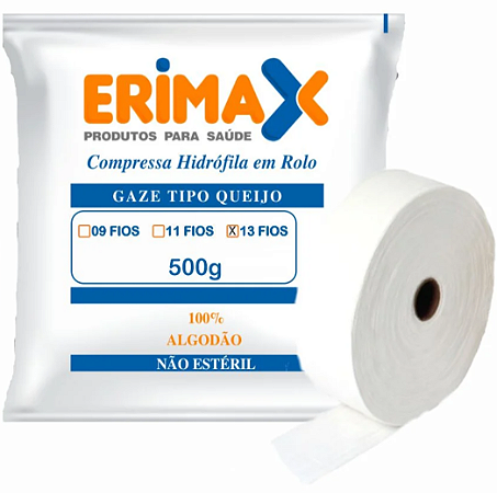COMPRESSA DE GAZE EM ROLO HIDRÓFILA 13 FIOS TIPIO QUEIJO 500G - ERIMAX