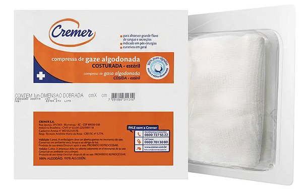 COMPRESSA DE GAZE 13 FIOS ALGODONADA COSTURADA ESTÉRIL - PACOTE COM 1 UNIDADE - CREMER