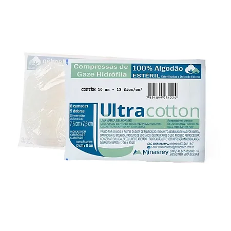 COMPRESSA DE GAZE HIDRÓFILA ESTÉRIL 13 FIOS 7,5CM X 7,5CM COM 10 UNIDADES - ULTRACOTTON