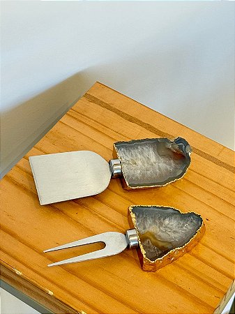 Kit Espatula Para Queijo Com Cabo Em Ágata Banhado Ouro 24k