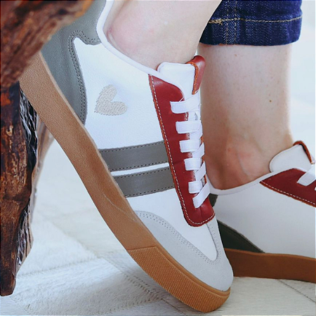 Tênis Feminino Couro Verde Musgo E Vermelho Queimado