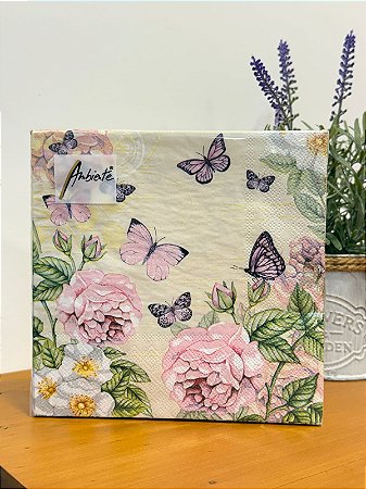 Kit 20 Guardanapos Papel Estampado Flores E Borboletas 33cm