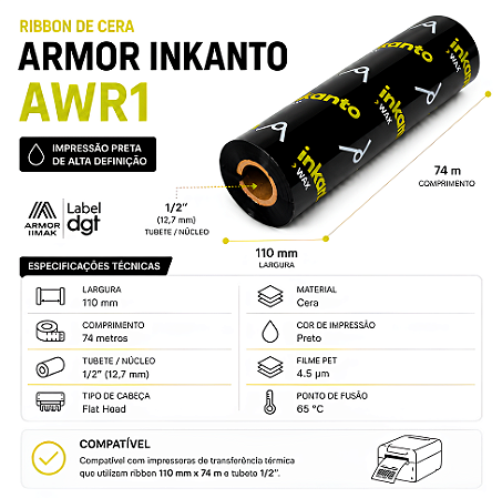 Ribbon 110x74 Cera Armor Inkanto AWR1 Externo Para Etiqueta Couché 1/2 Pol Para Impressora Térmica Zebra Argox Elgin