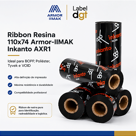 Combo Ribbon 110x74 Resina Armor Inkanto AXR1 Externo Para Etiqueta BOPP 1/2 Pol Para Impressora Térmica Zebra Argox Elgin