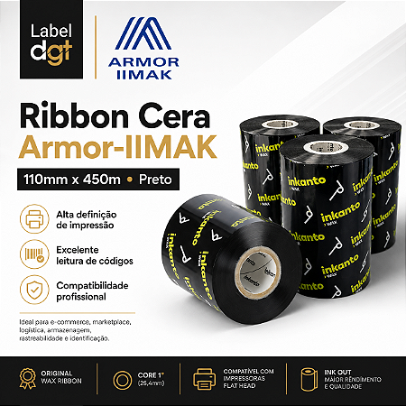 Combo Ribbon 110x450 Cera Armor Inkanto AWR1 Externo Para Etiqueta Couché 1 Pol Para Impressora Térmica