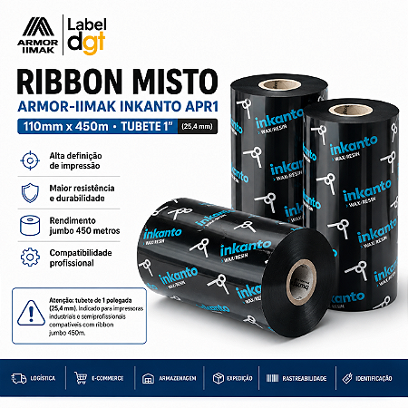 Combo Ribbon 110mm x 450 Metros Misto Armor Inkanto APR1 Externo 1 Pol para Impressora Térmica