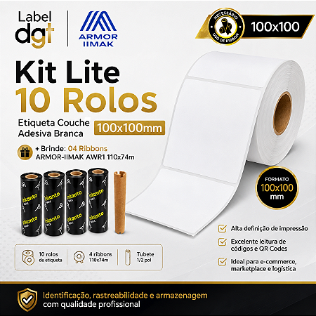Kit Lite 10 rolos Etiqueta Couche s/serrilha 100mmx100mm - brinde 04 rolos de Ribbon Armor-Inkanto Cera AWR1 110x74mm