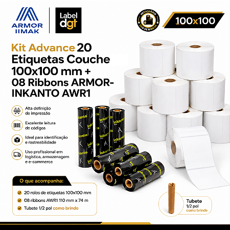 Kit Advance 20 rolos Etiqueta Couche s/serrilha 100mmx100mm - brinde 08 rolos de Ribbon Armor-Inkanto Cera AWR1 110x74mm