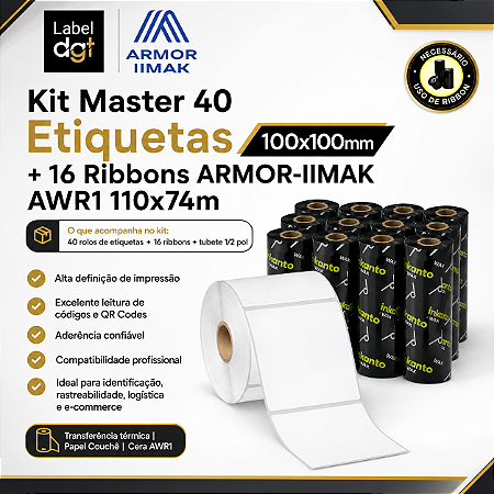 Kit Master 40 rolos Etiqueta Couche s/serrilha 100mmx100mm - brinde 16 rolos de Ribbon Armor-Inkanto Cera AWR1 110x74mm