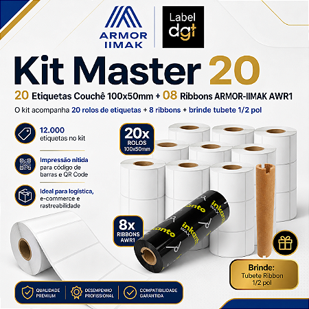 Kit Master 20 rolos Etiqueta Couche s/serrilha 100mmx50mm - brinde 08 rolos de Ribbon Armor-Inkanto Cera AWR1 110x74mm
