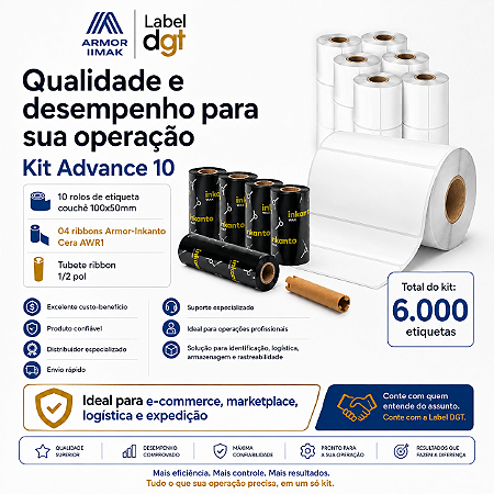 Kit Advance 10 rolos Etiqueta Couche s/serrilha 100mmx50mm - brinde 04 rolos de Ribbon Armor-Inkanto Cera AWR1 110x74mm