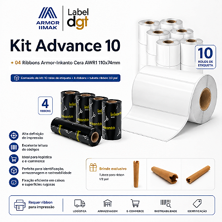 Kit Advance 10 rolos Etiqueta Couche s/serrilha 100mmx50mm - brinde 04 rolos de Ribbon Armor Inkanto Cera AWR1 110x74mm