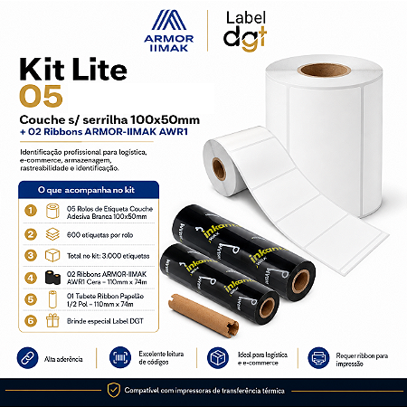 Kit Lite 05 rolos Etiqueta Couche s/serrilha 100mmx50mm - brinde 02 rolos de Ribbon Armor-Inkanto Cera AWR1 110x74mm