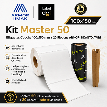 Kit Master 50 rolos Etiqueta Couche s/serrilha 100mmx150mm - brinde 20 rolos de Ribbon Armor-Inkanto Cera AWR1 110x74mm